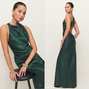NEW Reformation Forest Emerald Green Anaiis Silk Dress High Neck Open Back Maxi